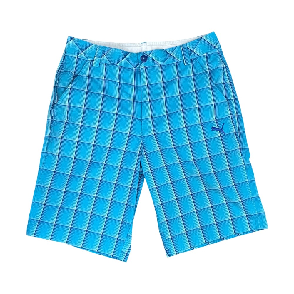Vtg PUMA Shorts Men's 32 Blue Plaid Y2K Skater Golf Surf Punk Embroidered‎ Logo
